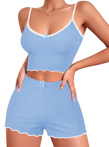 Image of Hilinker Womens Graphic Print Ribbed PJ Set Crop Cami Tops and Shorts Cute Pajamas Set