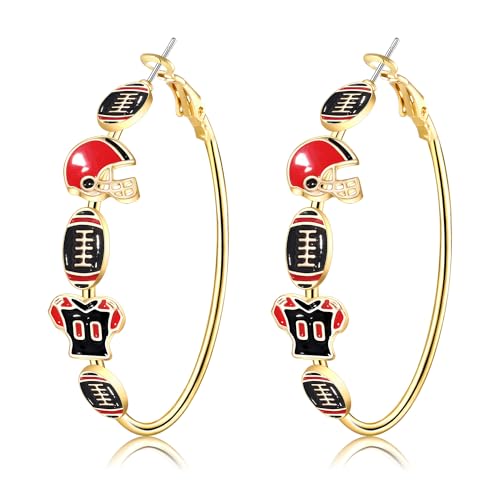 Football Earrings for Women Game Day Hoop Earrings Football Mom Accessories Enamel Red Black Football Helmet Jersey Earrings Sport Team Outfits Accessories Party Favor Gifts