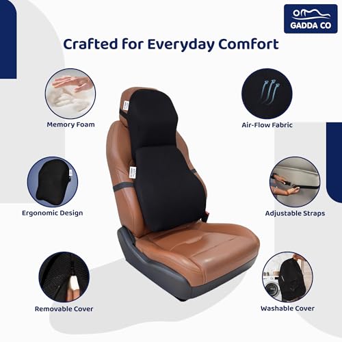 Image of GADDA CO Car Neck Rest Pillow & Lumbar Back Support Cushion Combo Pack of 1 -Memory Foam Cervical & Lower Back Pain Relief for Car & Office Chair, Orthopedic Posture Support, Mesh Black
