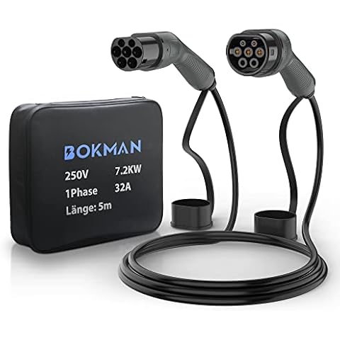bokman Type 2 EV Charging Cable, Mode 3 | 32A | 7.2KW | 1 Phase | 5 Meter | Type 2 to Type 2, Electric Vehicle Car Plug-in Hybrid Fast Charging Cable with Carry Bag & Microfiber Towel Cover
