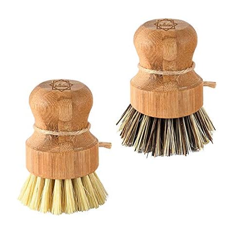 Dish Scrub Brush Bamboo - S&C Kitchen, Cleans Pan/Vegetable/Dishes/Wok, Bamboo Scrub Brush for Kitchen/Bathroom, Made Out of Palm & Sisal Bristles with a Handle, Vegetable Brush for Cleaning, Set of 2 Cover