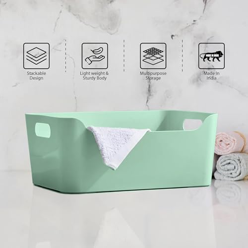 Image of KOLORR Jolly Plastic Medium Baskets with Handle for Storage Box| Multipurpose Light Weight Plastic Baskets organiser for Make-up Stationary Cosmetics Kitchen Livingroom Bathroom | Pack of 4 - Mint