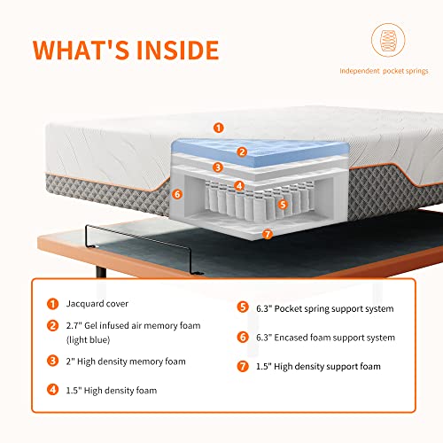 ESHINE Adjustable Bed Frame with 12" Hybrid Mattress with Luxury Cool Gel Memory Foam, Split King Upholstered Bed Frames with Massage, Wireless Remote, USB, Under Bed Night Light, Head/Foot Incline