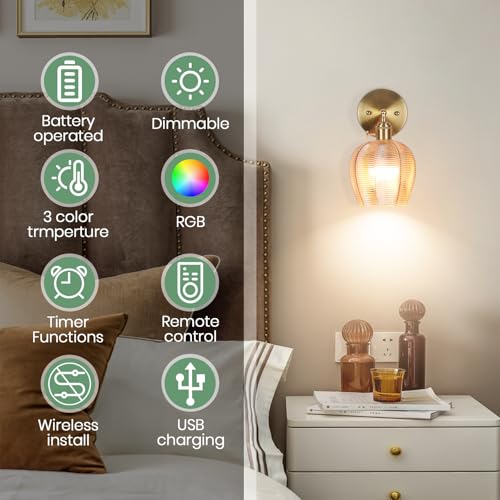 Image of Battery Operated Wall Sconce, Vintage Wall Sconce with RGB Color Changing Dimmable, Battery Wall Light with Remote,Wireless Wall Sconces, for Bedroom,Living Room, Hallway (Striped Amber)