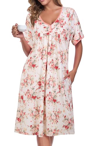 Image of AVIIER Nightgows for Women Soft Cotton Night Shirts Short Sleeve Sleepwear with Pockets