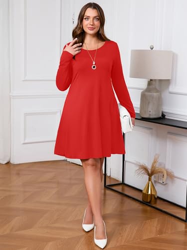 Image of AusLook Women's Plus Midi Dress Long Sleeve Crew Neck A-Line Swing Flowy Vacation Fall Wedding Guest Dresses with Pocket 1-5X