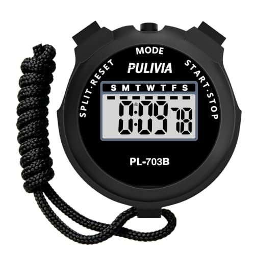 PULIVIA Sports Stopwatch Timer Lap Split Digital Stopwatch with Clock Calendar Alarm Large Display Shockproof Stop watch for Sports Coaches Swimming Running Black