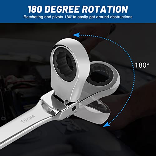 Tongze 18Mm Flex Head Ratchet Wrench: Metric Ratcheting Combination Wrench Spanner With 12 Point Flexible Head & Open End For Vehicle Bicycle Repairing #TOP1