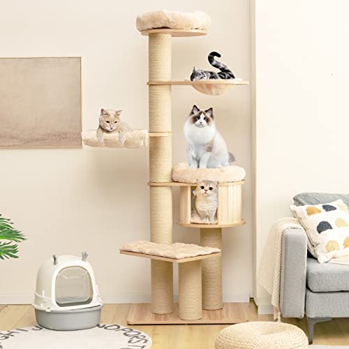 Image of Tangkula Modern Cat Tree, 6-Tier Multi-Level Cat Tower with Cat Condo, Hammocks & Hanging Basket, Tall Cat Tree with Sisal Posts, Washable Cushions, Natural 75''
