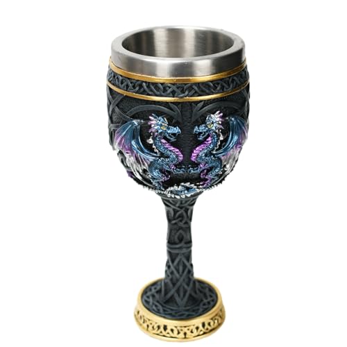 KalyZ@rts Bronze Dragon Goblet with Stainless Steel Cup, Dragon Wine Medieval Dungeons and Dragons Chalice, Dragon Gift Collectible - 7oz (Blue Dragon Cup)
