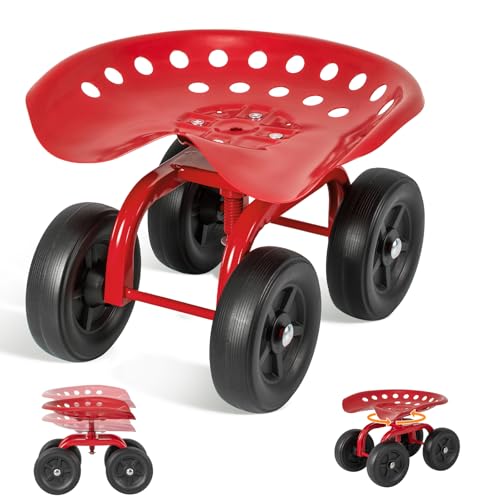 ERGOMASTER Garden Seat with Wheels, Adjustable Height & 360° Swivel, Iron Frame, Red