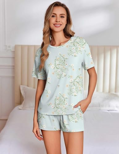 Image of Ekouaer Pajama Set for Women Viscose from Bamboo Short Sleeve Tops and Shorts Set 2 Piece Lounge Set