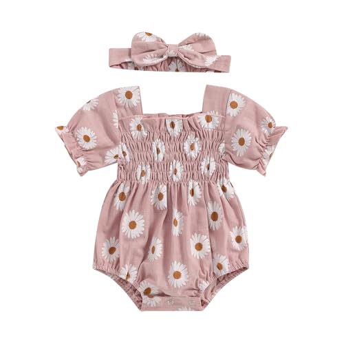 Infant Baby Girls Romper Daisy Ruffle Sleeve Pleated Smocked Bubble One Piece Ruched Jumpsuit Summer Bodysuit(Light Pink, 3-6 Months)