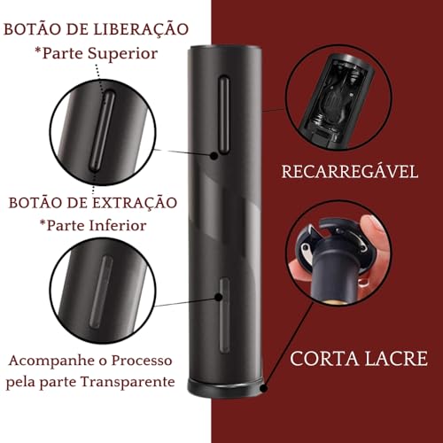 Kit Abridor de Vinho Elétrico Decanter Saca Rolhas Automático Recarregável com Suporte Premium Marca