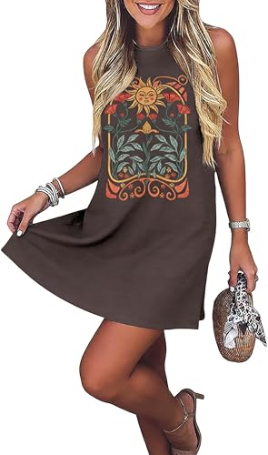 Image of Sun Salt Sand Coconut Tree Tank Mini Dress for Women Sleeveless Beach Praty Shirts Summer Vacation Short Mini Dresses