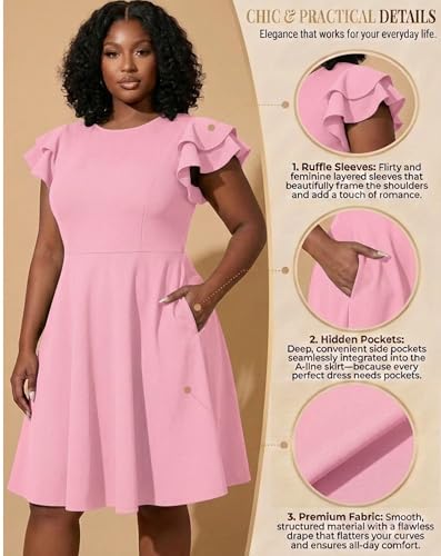 Image of Women's Plus Siz Cape Sleeve Stretchy A-Line Cocktail Party Dress Pockets
