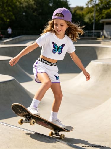 Image of Betusline Girls Summer 2 Piece Outfits,Kids Short Sleeve Crop Top & Shorts Set with Side Pockets