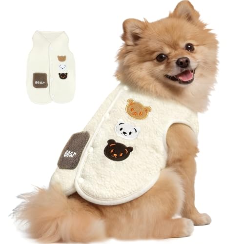 Floofelove Dog Fleece Vest Sweater, Button-Up Warm Pullover Step-in Dog Jacket with Bear Print, Winter Cold Weather Coat Clothes Hoodie for Small Medium Dogs Puppy Boy Girl(White, L(12 to 15 lbs))
