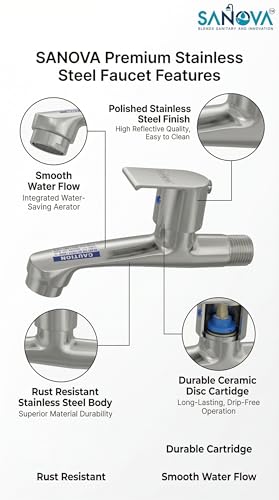Image of Sanova Stone Heavy Duty Longbody Cock | Brass Cartridge | Steel Body | Heavy Handle | Chrome Finish | Wall Mounted Kitchen Sink Faucet