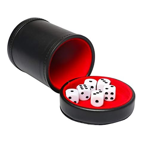 RERIVER Leatherette Dice Cup with Lid, Red Felt-Lined Dice Shaker Includes 6 Regular Dice for Liars Dice/ Farkle/ Yahtzee/ Games, 1 Pack Cover