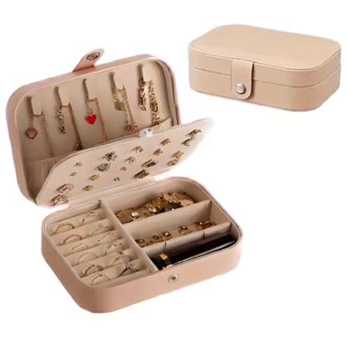 Porta Joias Portátil em Couro com Botão | Organizador Premium para Anéis, Brincos, Colares e Bijuterias | Estojo Compacto para Viagens e Uso Diário com Design Sofisticado e Prático (Rosa) (Bege)