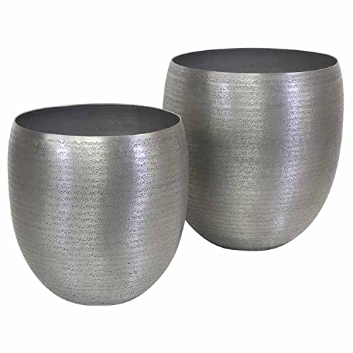 Casa Moro Blumentopf Pflanztopf Pflanzgefäß Toledo 2er Set Groß Aluminium Hammerschlag verziert Luxus Übertopf Silber Boho Chic Pflanzkübel Blumen-Kübel ABK606