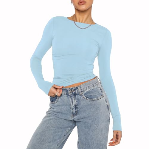 Mujeres Casual Crop Tops Slim Fit Top Cuello Redondo Manga Larga T-Shirt Basic Blusa tee Tops(Sky Blue-9,S)