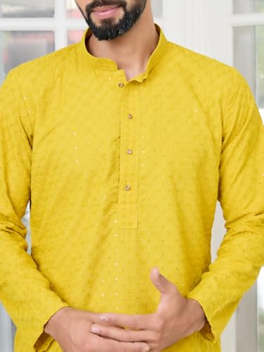 Image of See Designs Men's Full Sleeve Mandarin Collar Embroidered Thread Work Sequinned Rayon Straight Long Kurta - Festive Collection