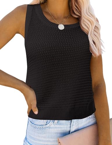 Image of Womens Knit Sweater Vest Summer Tank Tops Round Neck Crochet Hollow Out Sleeveless Crop Top