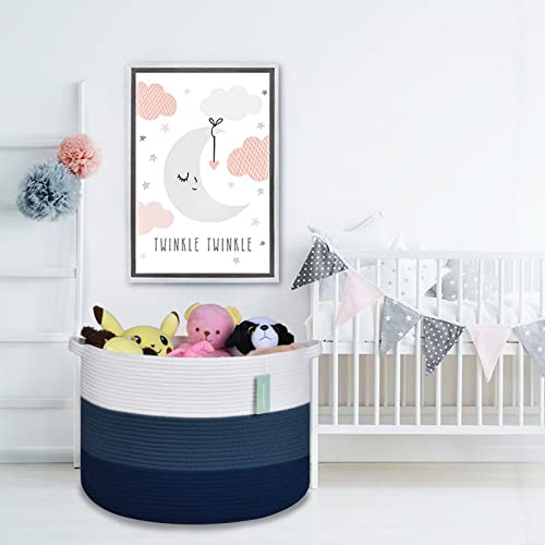 Image of Large Cotton Rope Blanket Basket, 87L Laundry Hamper, White & Blue