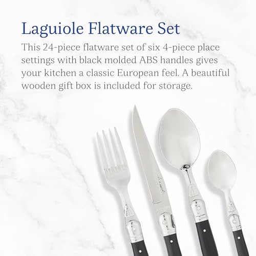 Jean Dubost Laguiole 24-Piece Everyday Flatware Set, Black Handles - Rust-Resistant Stainless Steel - Includes Wooden Tray - Made in France by Jean Dubost - Used condition - Image 2