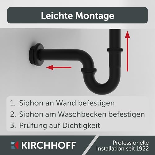 KIRCHHOFF Siphon schwarz Waschbecken, Siphon aus hochwertigem Edelstahl schwarz, Ablaufgarnitur Waschbecken schwarz, Syphon Waschbecken schwarz, Siphon mit Gummirosette und Montageanleitung, schwarz