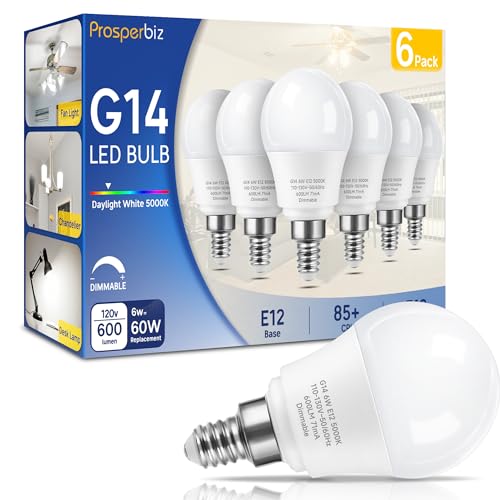 Prosperbiz E12 Dimmable 6 watt (60w Equivalent) LED Light Bulbs, G14 Ceiling Fan Light Bulbs Daylight White 5000K, Candelabra Base Globe Shape LED Bulbs, 600 Lumen, 6 Pack
