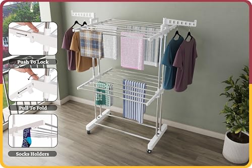 Image of Amiraj Premium Stainless Steel Clothes Drying Stand | 2 Tier 2 Pole Foldable Laundry Rack with Wheels & Sock Holder | Heavy Duty Indoor & Outdoor Cloth Dryer for Balcony, Terrace & Home - White
