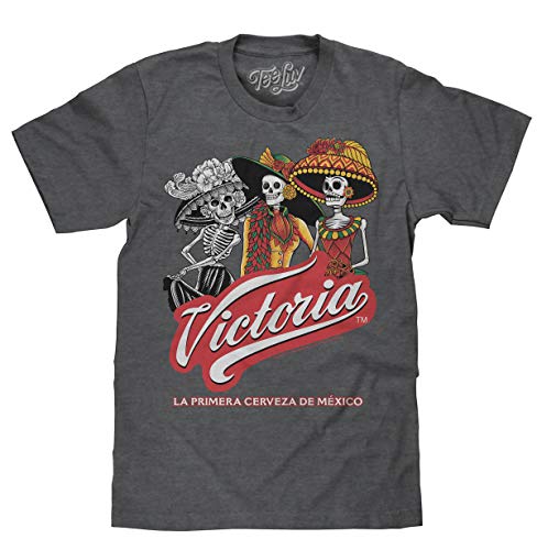 Tee Luv Victoria Beer T-Shirt - Mexican La Catrina Graphic Tee (Charcoal Heather) (S)