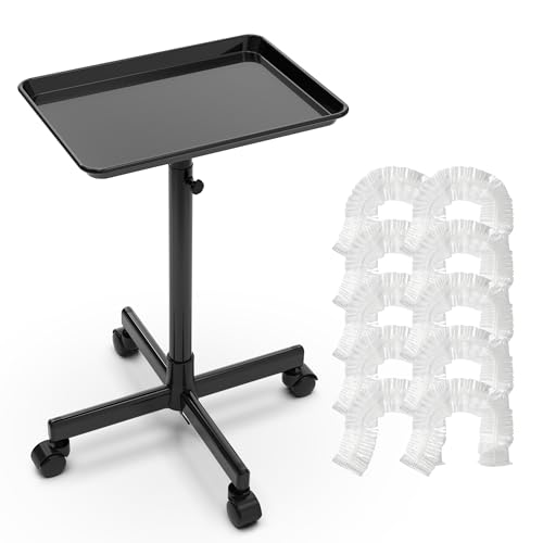 TASALON Rolling Salon Tray Mobile Styling Station with Wheels Aluminum Rolling Tray Trolley for Salon Essentials Adjustable Height or Hairstylist Tray with 10 PCS Disposable Salon Tray Cover