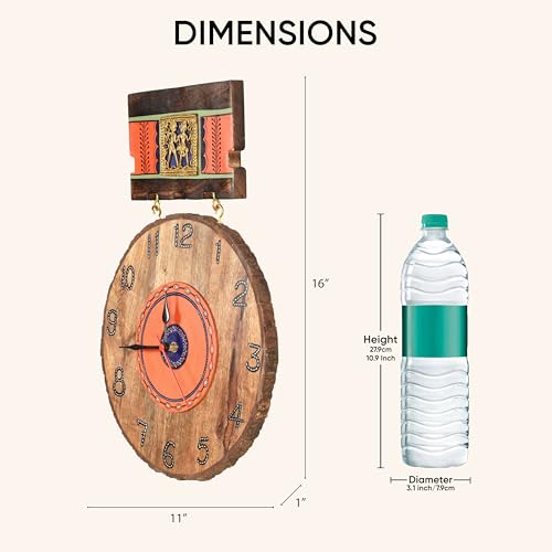 Image of AAKRITI ART CREATIONS Handcrafted Hanging Wall Clock Multicolor | Clock for Home, Home Decoration | Dhokra Art Wall Hanging Wall Clock, Lightweight Wooden wall Decor | Matte Finish