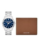 Michael Kors Slim Runway Three-Hand Stainless Steel Men's Watch and Brown Leather Wallet Gift Set (Model: MK1060SET)