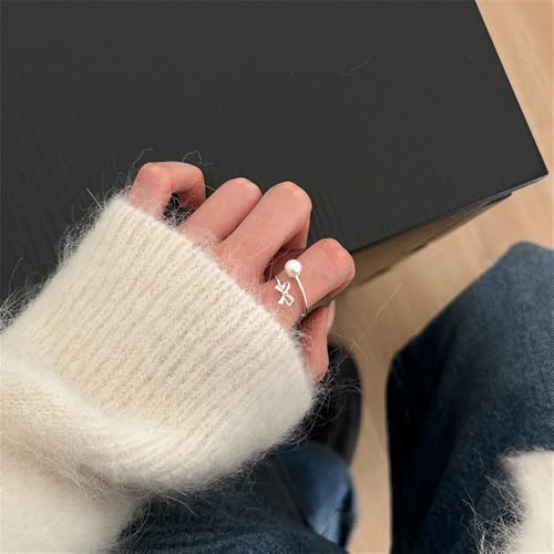 Pearl Bow Open Ring for Women Round Bead Pearls Ribbon Knot Stacking Finger Band Adjustable Dainty Statement Promise Rings Jewelry2