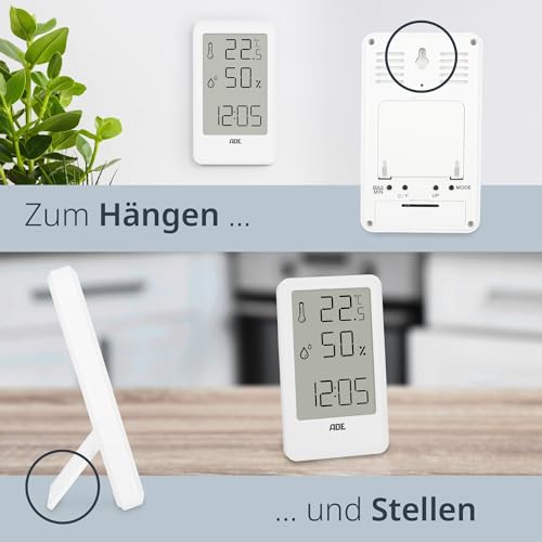 ADE Thermometer mit Luftfeuchtigkeitsmesser innen | digitale Badezimmeruhr mit Temperatur | Feuchtigkeitsmessgerät mit Uhrzeit | Hygrometer für Büro, Kinderzimmer, Schlafzimmer, Bad | Hochformat weiß