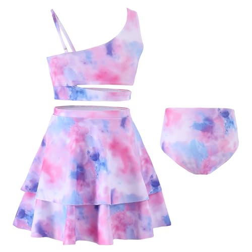 Girls 3 Piece Bathing Suit One Shoulder Ruffle Flounce Bikini Set with Cover Up Skirt Quick Dry Swimsuit 5-12 Years2
