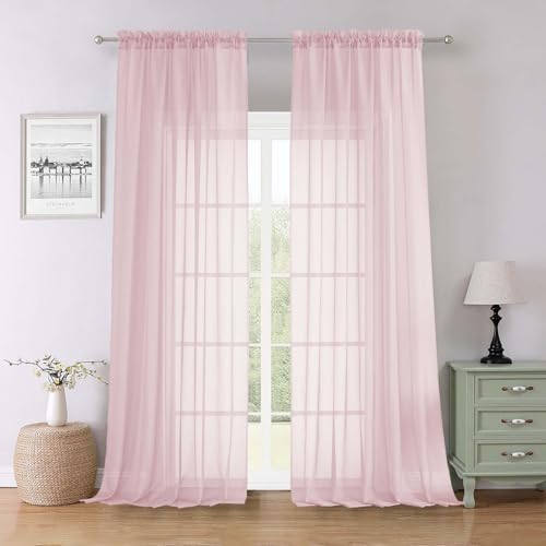 Lecloud Blush Pink Sheer Curtains 96 Inches Long 2 Panels Set, Modern Farmhouse Decor Light Filtering Curtains for Bedroom, Rod Pockets Soft Airy Drapes for Living Room, Each Panel 59" W x 96" L