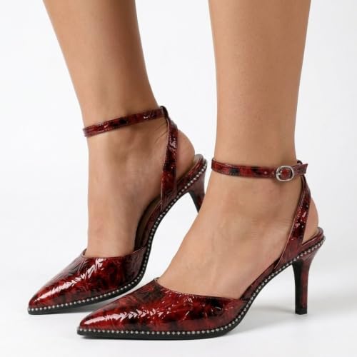 Image of SAMMITOP Kitten Heels for Women Low Heel Closed Toe Ankle Strap Pumps Wedding Party Beaded Dress Shoes 2.4 Inch