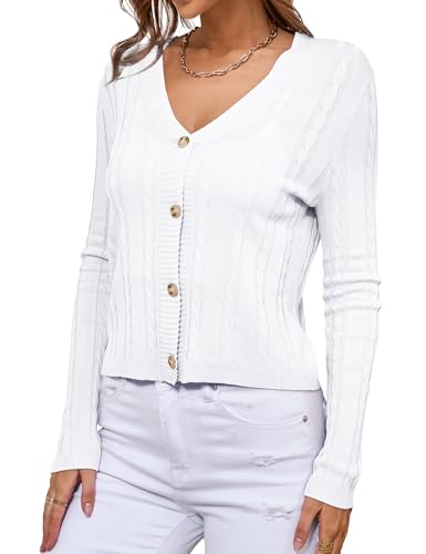 Image of VERABENDI Womens Sweaters Cable Knit Open Front Buttons V Neck Lightweight Cropped Cardigan for Women