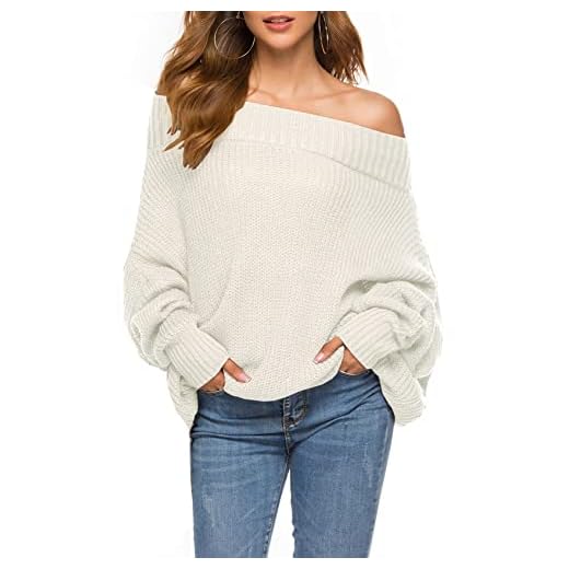 GOLDSTITCH Women's Off Shoulder Batwing Sleeve Loose Oversized Pullover Sweater Knit Jumper Ivory