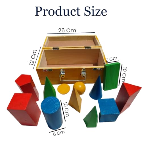 Image of Wooden Geometric Shapes Set for Students & Teachers | 12-Piece 3D Geometry Model Kit in Box | Educational Math & Physics Teaching Aids | Yellow Polished | Made in India (Multicolor, small)