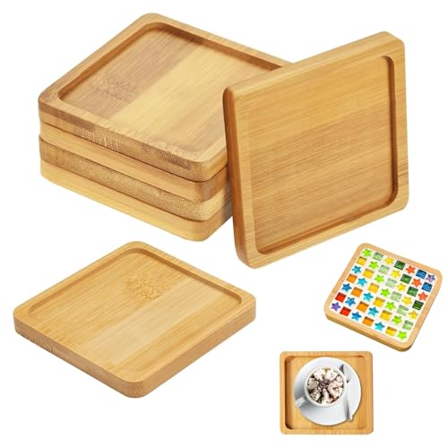 Petit Plateau Carré en Bois Naturel, Plateau Multifonction, 6 Pièces 9x9x1 cm, Idéal pour DIY, Bière, Tasse, et Décoration Maison - Cadeau Parfait pour...