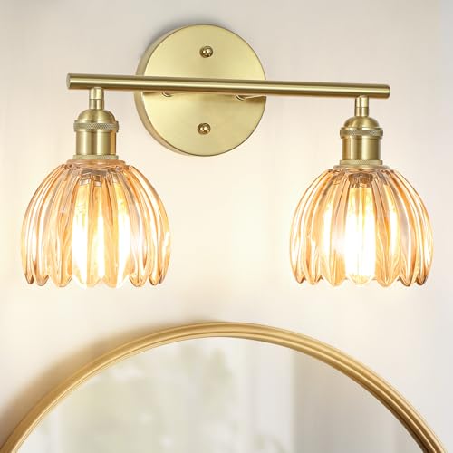 Image of Vintage Bathroom Light fixtures, Gold Vanity Lights, ETL Certified | 14.57 in, Amber Tulip Glass Shade, Hardwired Bathroom Vanity Light, E26 Socket, Bulbs Not Included