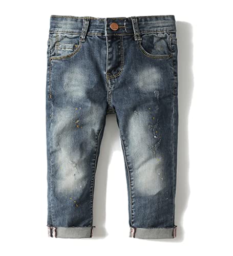 KIDSCOOL SPACE Baby Mädchen Jungen Slim Jeans,D-Ring Gummiband innen Zerrissene Jeanshose,Hellblau,4-5 Jahre