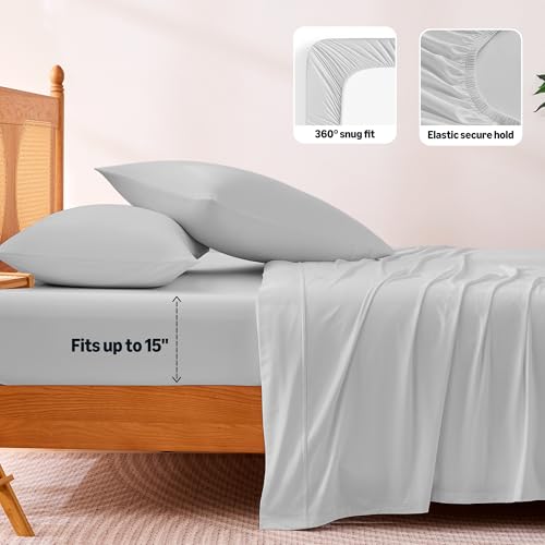 Image of Amazon Basics Cooling Sheets, 4-Piece Bed Sheet Set for Summer, Soft and Breathable for Hot Sleepers, Bedding with 1 Deep Pocket Fitted Sheet, 1 Flat Sheet, and 2 Pillowcases, Full, Gray